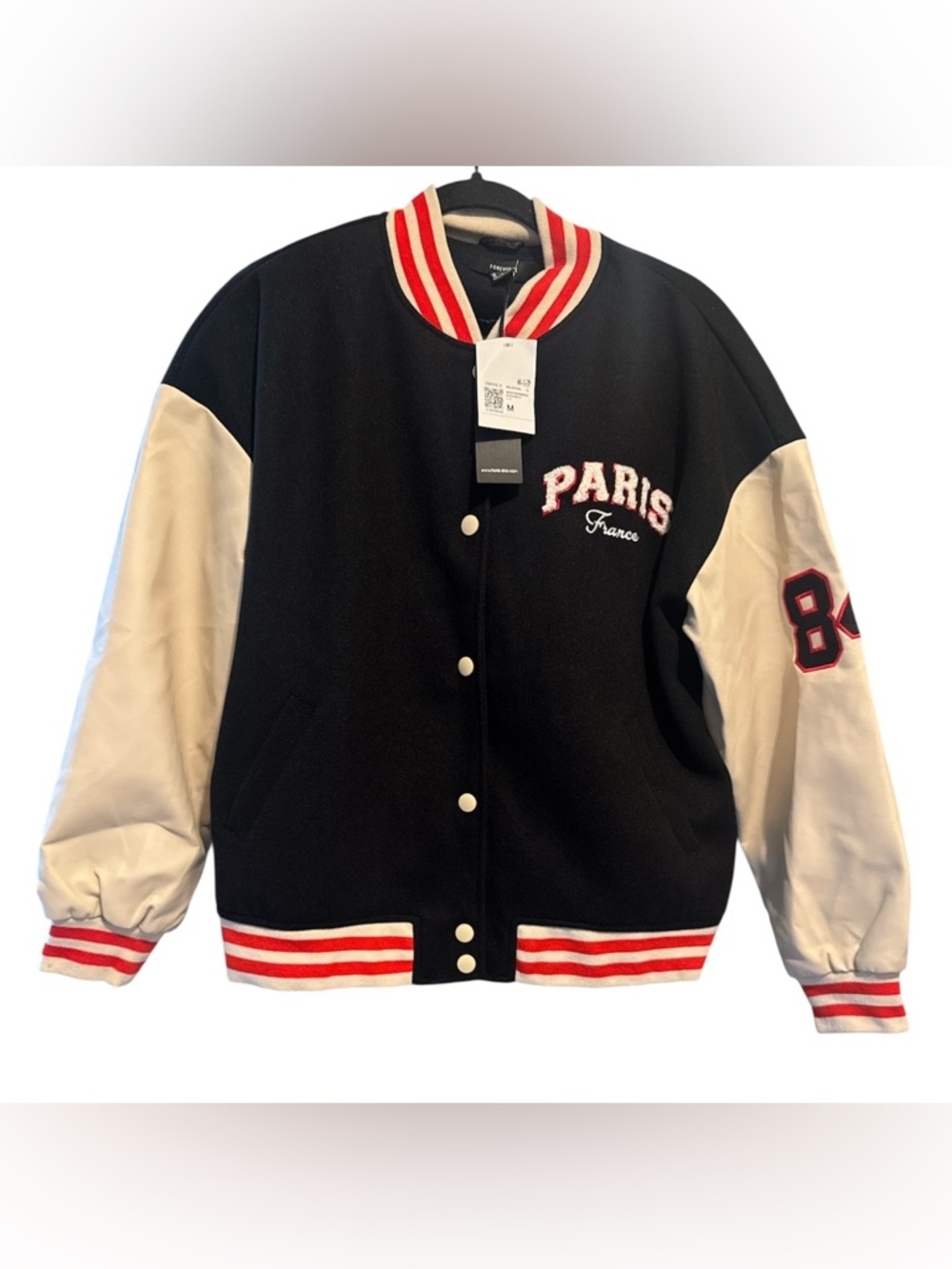 Forever 21 Black & White Varsity Jacket with Red Trim